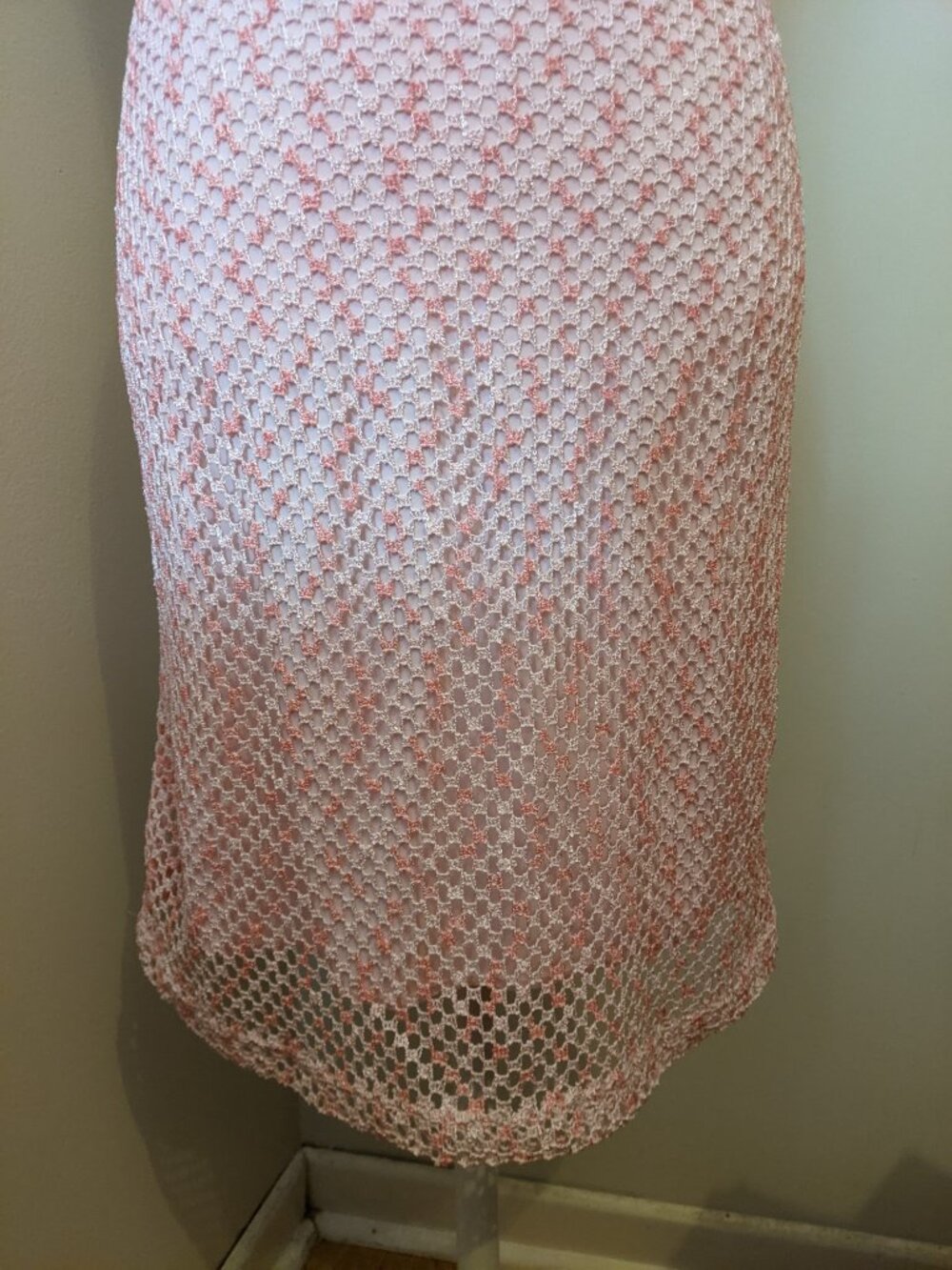 Vintage Y2K Pink Crochet Mesh Overlay Halter Bodycon Midi Dress Fairy Coquette S - Picture 5 of 9